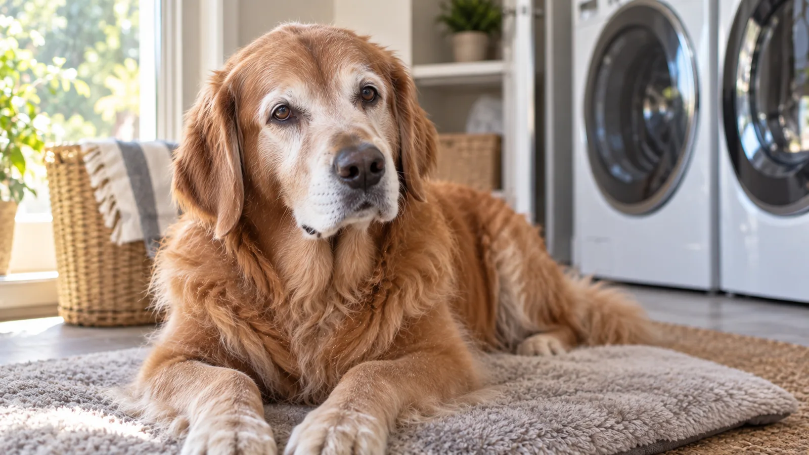 A senior golden retriever with a white muzzle lies on a soft mat in a laundry room by the washer.