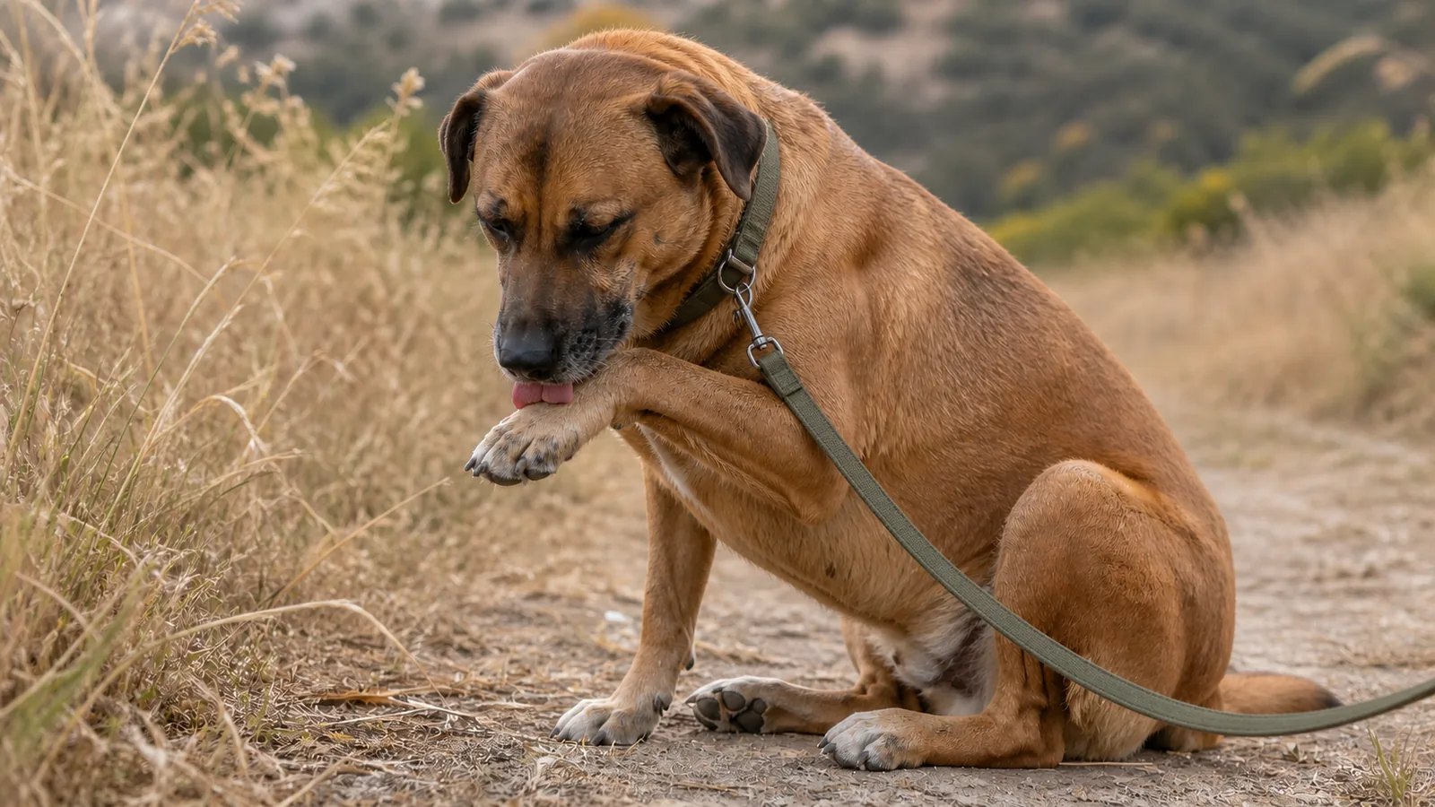 Short-haired, brown, medium-sized dog resting outdoors near a desert trail.